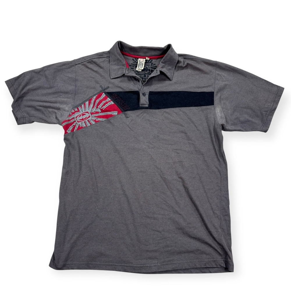 Y2K Split Shirt Men's XL Gray Red Polo Grunge Skater Thrashed Vintage